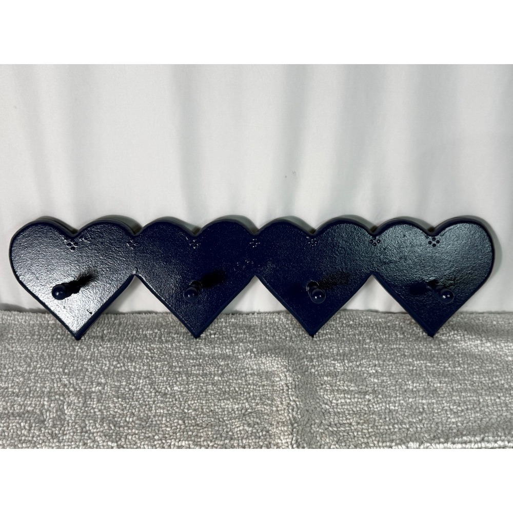 Vintage Navy Blue Wooden Heart Wall‎ Rack 4 Hook Country Home Decor